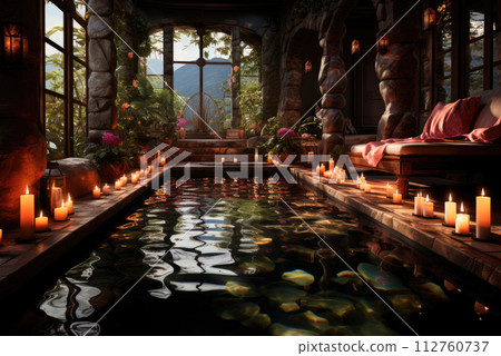 Cozy pool in the spa hotel with burning candles 112760737