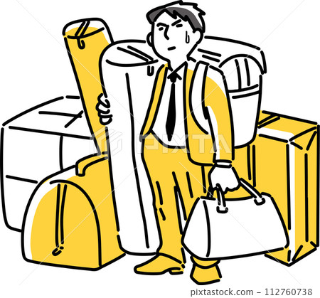 A businessman standing in front of a large amount of luggage A businessman standing in front of a large amount of luggage 112760738