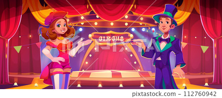 Man magician with woman assistant or circus stage Man magician with woman assistant or circus stage 112760942
