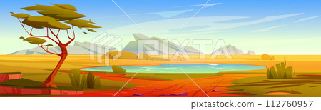 African savanna landscape with tree, lake and hill 112760957