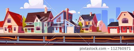 Town street with underground pipeline system 112760971