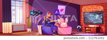 Woman streamer with gamer console setup in room 112761002