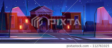 High school building facade at night. 112761025