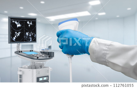 Ultrasound machine with sonographer in laboratory 112761055