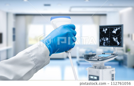 Ultrasound machine with sonographer in hospital room 112761056