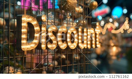 AI-generated content. White LED Discount concept creative horizontal art poster. Word Discount made in textured lettering. Horizontal Illustration. Ai Generated Marketing and sales Symbol. 112761162