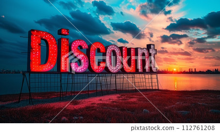 AI-generated content. Sunset Discount concept creative horizontal art poster. Word Discount made in textured lettering. Horizontal Illustration. Ai Generated Marketing and sales Symbol. 112761208