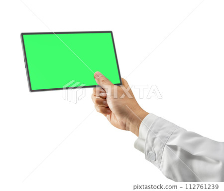 Doctor wear white lab coat hand hold digital tablet 112761239