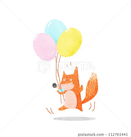 Cute cartoon red fox with balloons. Hand drawn watercolor illustration. 112761441