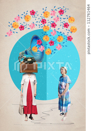 Contemporary art collage, modern design with senior women. Concept of idea, inspiration, creativity, art. Party time 112761464