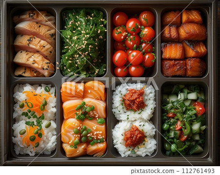 box with asian food closeup 112761493