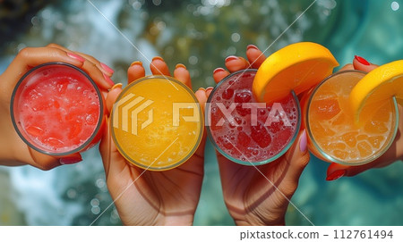 various fruit cocktails in female hands various fruit cocktails in female hands 112761494