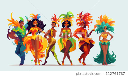 Brazilian samba dancers girls wearing festival costume and dancing together carnival party concept horizontal Brazilian samba dancers girls wearing festival costume and dancing together carnival party concept horizontal 112761787