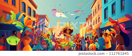 Brazilian samba dancers girls wearing festival costume and dancing on old city street carnival party concept 112761845