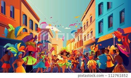 Brazilian samba dancers girls wearing festival costume and dancing on old city street carnival party concept horizontal 112761852