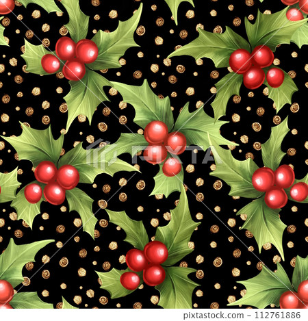 Christmas Holly seamless pattern on black background. 112761886