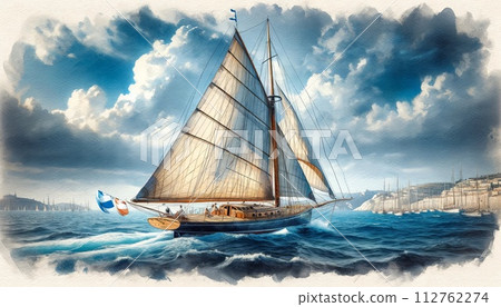 Vintage Sailboat Sailing on Ocean in Watercolor Art Style 112762274