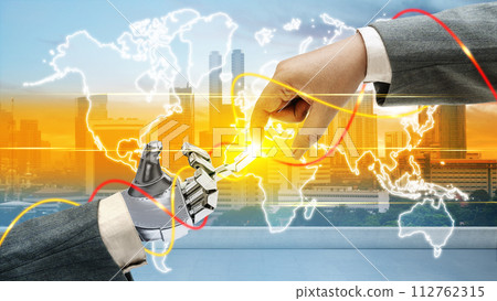 Robotic hand and business hand with digital world 112762315