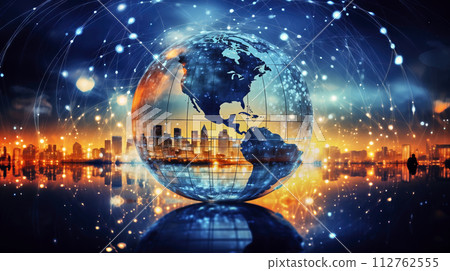 Transparent globe with interconnected lines and glowing nodes against a nighttime cityscape, conceptual illustration of a connected world 112762555