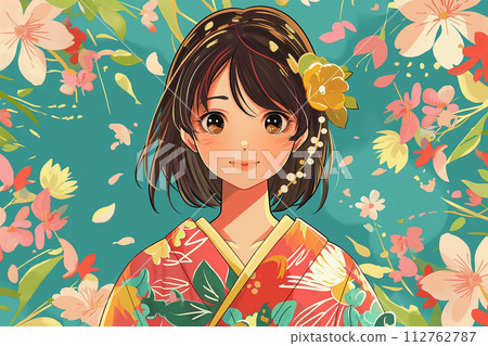 花卉背景中穿著和服的女孩的插圖 花卉背景中穿著和服的女孩的插圖 112762787
