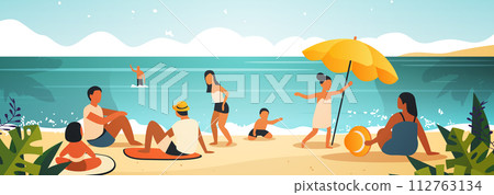mix race tourists relaxing on tropical beach people enjoying summer vacation time to travel concept seascape background mix race tourists relaxing on tropical beach people enjoying summer vacation time to travel concept seascape background 112763134
