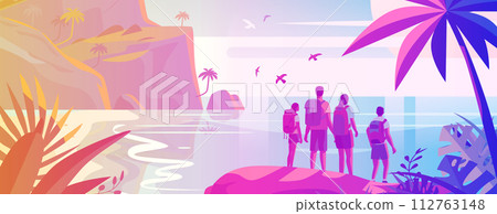 tourists standing on beach and enjoying sea scenic panorama with landscape island summer vacation time to travel concept 112763148