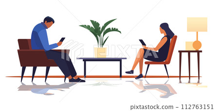 businesspeople sitting in armchairs and using smartphones digital addiction concept horizontal 112763151