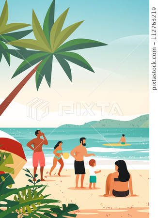 mix race tourists relaxing on tropical beach people enjoying summer vacation time to travel concept seascape background vertical mix race tourists relaxing on tropical beach people enjoying summer vacation time to travel concept seascape background vertical 112763219
