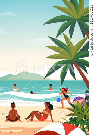 mix race tourists relaxing on tropical beach people enjoying summer vacation time to travel concept seascape background vertical mix race tourists relaxing on tropical beach people enjoying summer vacation time to travel concept seascape background vertical 112763222