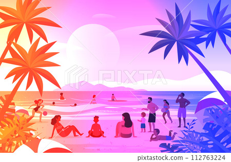 mix race tourists relaxing on tropical beach people enjoying summer vacation time to travel concept seascape background horizontal 112763224