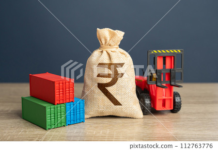 Forklift with shipping containers and indian rupee money bag. GDP and production. Import or export. Trade, economics and transport industry. Tariffs and tax collections. Production of containers. 112763776