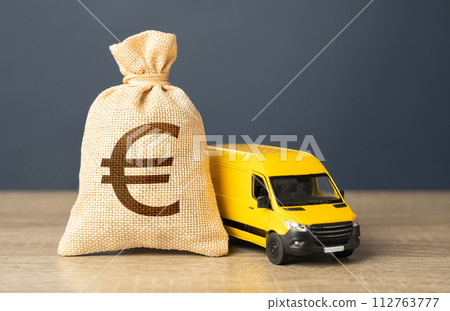 Delivery van and euro money bag. Invest in electric and autonomous vehicles. Freight transportation. Logistics industry, driver shortages. Supply chain resilience. 112763777