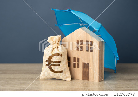 House with euro money bag and blue umbrella. Property insurance. Financial security. Protect investment and be prepared for unforeseen events. Repairs or rebuilding in the event of a covered loss. House with euro money bag and blue umbrella. Property insurance. Financial security. Protect investment and be prepared for unforeseen events. Repairs or rebuilding in the event of a covered loss. 112763778