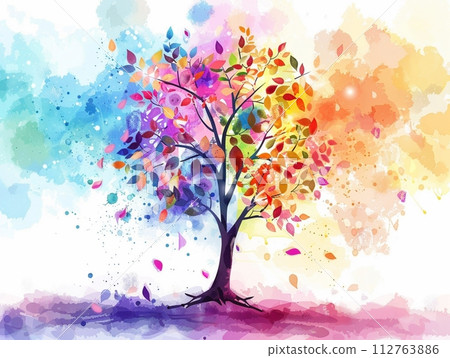 Colorful Abstract Tree with Flowers and Leaves Illustration 112763886