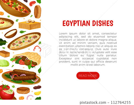 Egyptian Dish Banner Design with Traditional Cooked Food on Plate Vector Template 112764255