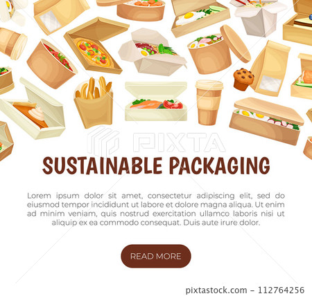Eco Packaging Banner Design with Cardboard Food Container Vector Template 112764256