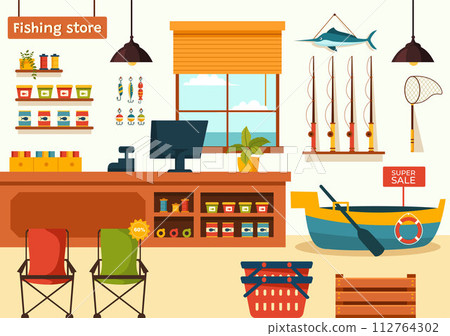 Fishing Store Vector Illustration with Selling Various Fishery Equipment, Bait, Fish Catching Accessories or Items on Flat Cartoon Background 112764302