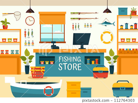 Fishing Store Vector Illustration with Selling Various Fishery Equipment, Bait, Fish Catching Accessories or Items on Flat Cartoon Background Fishing Store Vector Illustration with Selling Various Fishery Equipment, Bait, Fish Catching Accessories or Items on Flat Cartoon Background 112764303