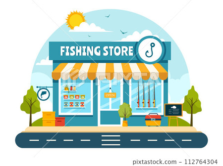 Fishing Store Vector Illustration with Selling Various Fishery Equipment, Bait, Fish Catching Accessories or Items on Flat Cartoon Background Fishing Store Vector Illustration with Selling Various Fishery Equipment, Bait, Fish Catching Accessories or Items on Flat Cartoon Background 112764304