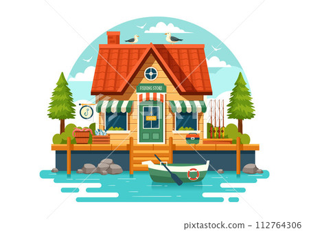 Fishing Store Vector Illustration with Selling Various Fishery Equipment, Bait, Fish Catching Accessories or Items on Flat Cartoon Background 112764306