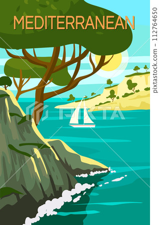 Mediterranean Poster, landscape sea vacation Europe. Mountaines, trees, harbor, sailboat, sunset. Travel holiday summer voyage. Vintage style vector illustration Mediterranean Poster, landscape sea vacation Europe. Mountaines, trees, harbor, sailboat, sunset. Travel holiday summer voyage. Vintage style vector illustration 112764650