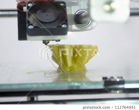 3D printer prints an object. The process of printing model on 3D printer. Model printed on 3D printer from molten plastic. 3D printing technologies. Additive progressive new modern printing technology 112764891