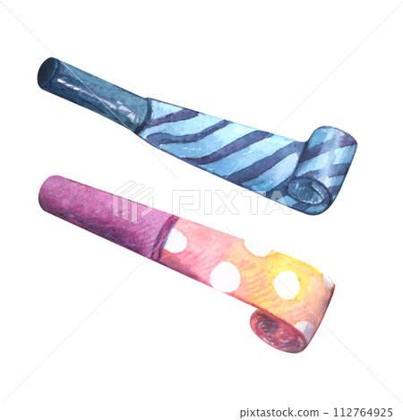 Blower horn party whistle watercolor drawing set. Birthday festival cartoon blowout blue stripe dotted . Anniversary holiday celebration object. Isolated on white background. Aquarelle toy roll paper Blower horn party whistle watercolor drawing set. Birthday festival cartoon blowout blue stripe dotted . Anniversary holiday celebration object. Isolated on white background. Aquarelle toy roll paper 112764925