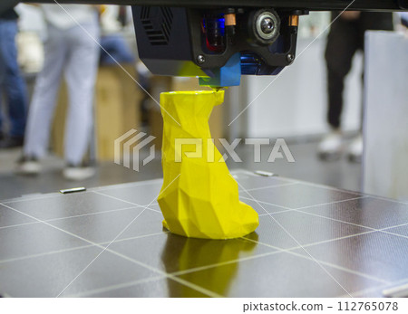 3D printer prints an object. The process of printing model on 3D printer. Model printed on 3D printer from molten plastic. 3D printing technologies. Additive progressive new modern printing technology 3D printer prints an object. The process of printing model on 3D printer. Model printed on 3D printer from molten plastic. 3D printing technologies. Additive progressive new modern printing technology 112765078