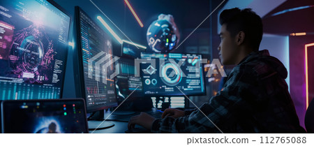 AI-generated content. Man Working at Dual Computer Monitors AI-generated content. Man Working at Dual Computer Monitors 112765088