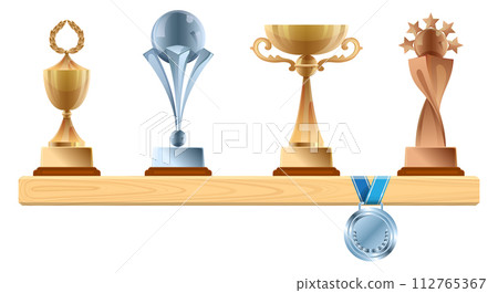 Trophies and prizes on wooden shelf. Honor awards Trophies and prizes on wooden shelf. Honor awards 112765367