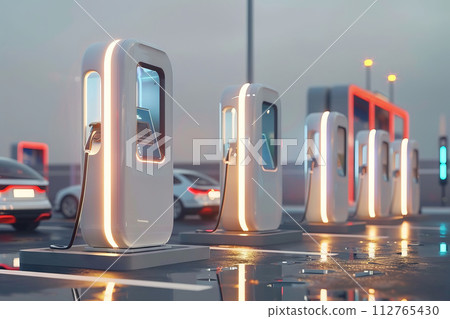 AI-generated content. A row of electric car charging stations with a car in the foreground. Generative AI 112765430