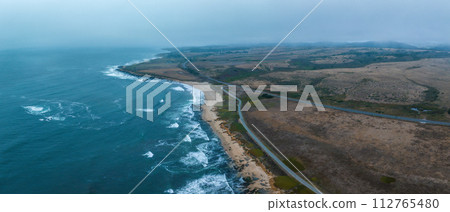 Pigeon point lighthouse. Aerial view of the lighthouse on top of the Cliff in California, USA. 112765480
