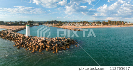 Aerial view of the Capitola beach town lighthouse in California, USA. Aerial view of the Capitola beach town lighthouse in California, USA. 112765627