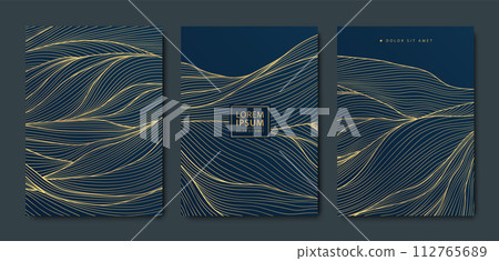 Vector set of wave line patterns, japanese geometric design. Water, hills, mountains nature banners, cards. Oriental style mountain covers 112765689